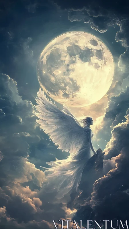 Luminous moonlit angel rising through stormlit celestial clouds.