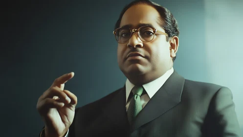 Formal portrait of besuited man in glasses against teal wall.