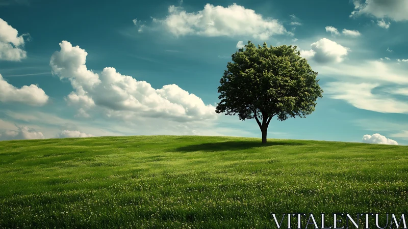 Lone Tree on Green Hill under Blue Sky, Realistic Landscape Style.