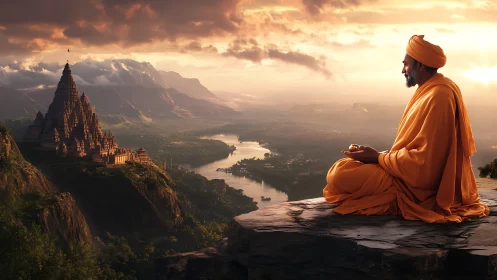 Meditative monk overlooking river valley and mountain temple.