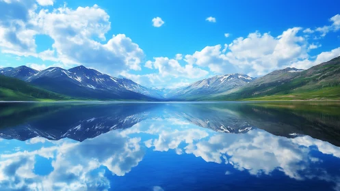 Mirror-still alpine lake reflects bright clouds and peaks