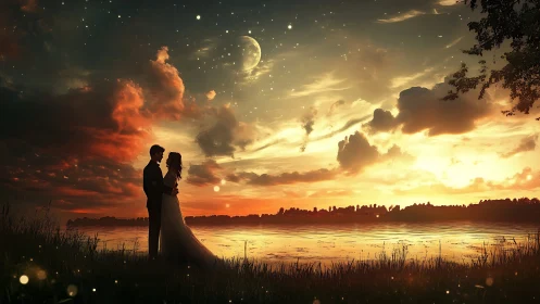 Couple by Water at Sunset Under Crescent Moon