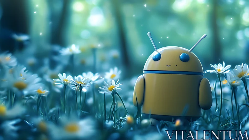 Playful yellow robot wandering through dreamy daisy meadow.