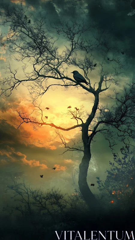 Solitary crow on twisted tree against burning dusk sky.