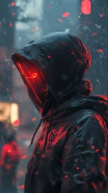 Hooded figure with red-lit visor stands in wet urban rain