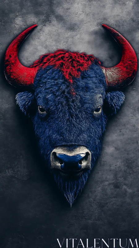 Chromatic bison bust with high-contrast red horn geometry.