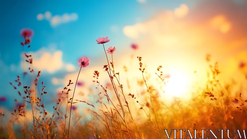 Wildflowers stand against a vivid sunset sky