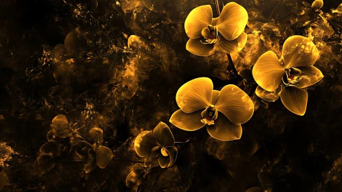 Golden orchids glow against a dark abstract cosmic backdrop