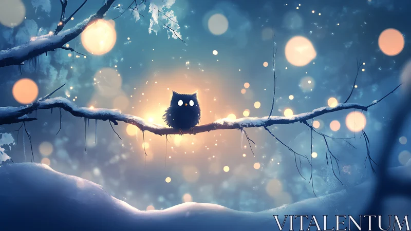 Small owl on snowy branch amid soft glowing lights.