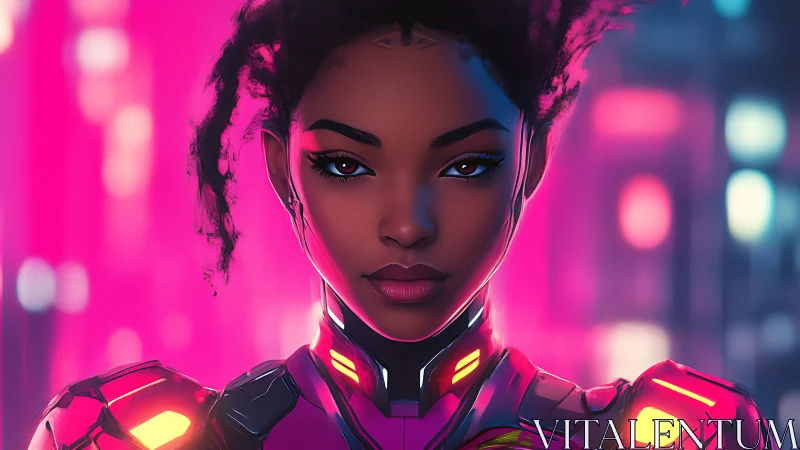 Neon-eyed cyber guardian poised in luminous city glow.