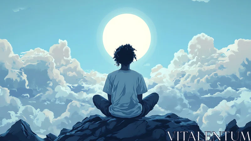 Person seated on rocky peak under large sun among clouds.