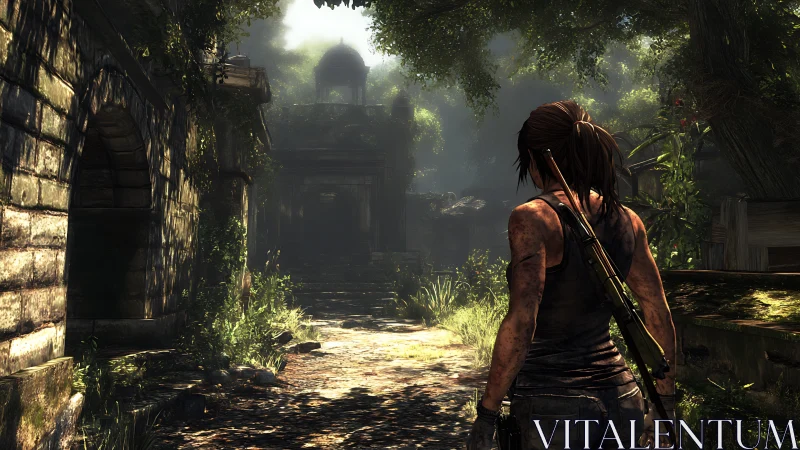 Heavily armed explorer in sunlit overgrown stone ruins