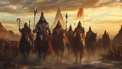 Mythic warrior cavalcade before temple at dusk.