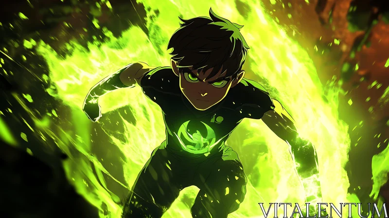 Neon-fueled teen hero storms through radioactive green blaze.