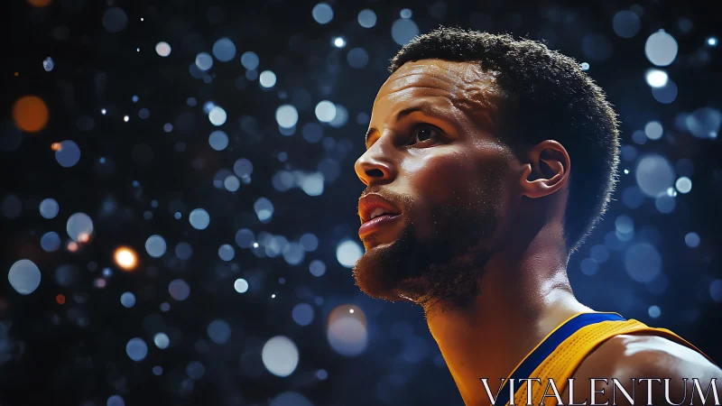 Profile view of basketball player with arena bokeh lights.