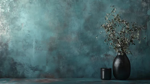 Black vase with dried branches against textured teal wall