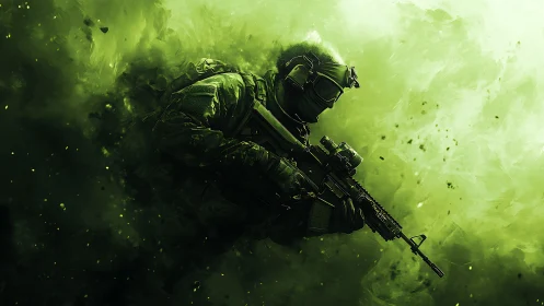 Tactical operator advances through luminous toxic-green fog
