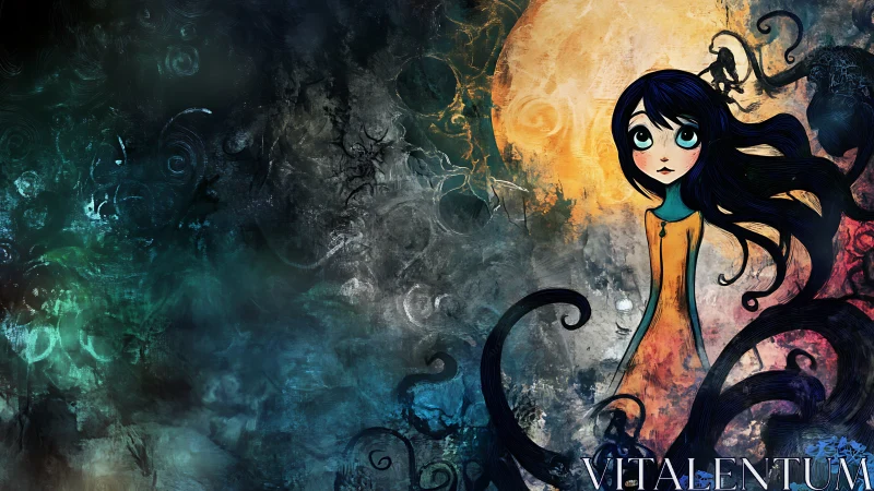 Dreamy moonlit girl wandering through swirling shadows.