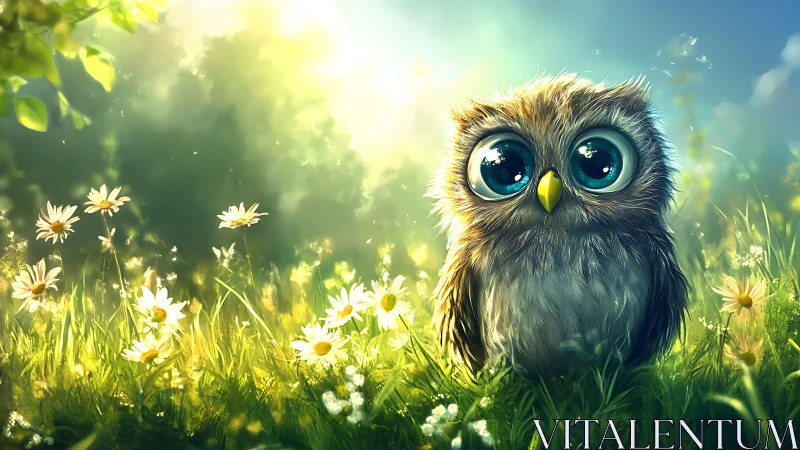 Adorable Big-Eyed Owl in Sunlit Meadow, Whimsical Digital Art.