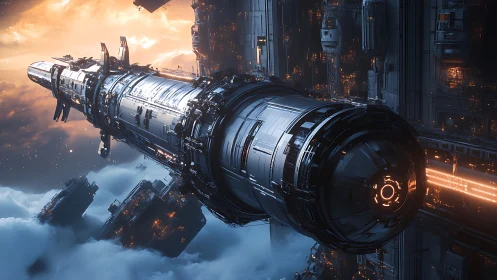 Massive sci fi starship docked at futuristic space station.