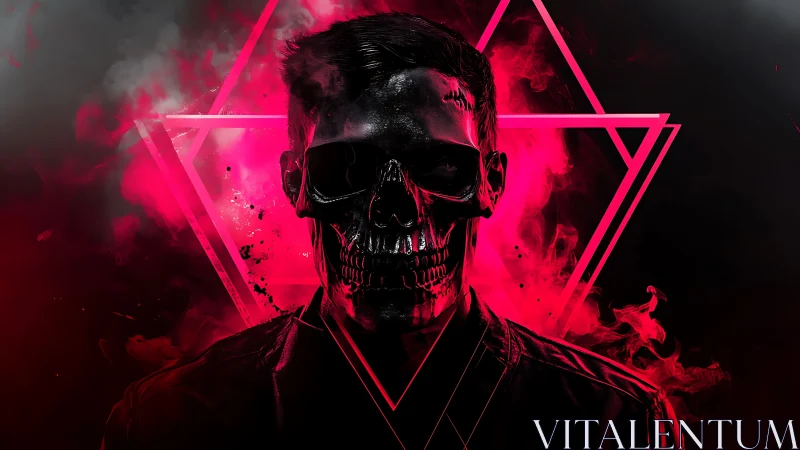Black skull-faced figure in neon red smoke portrait.