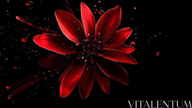 High-velocity red flower petals dispersing dynamically against black backdrop