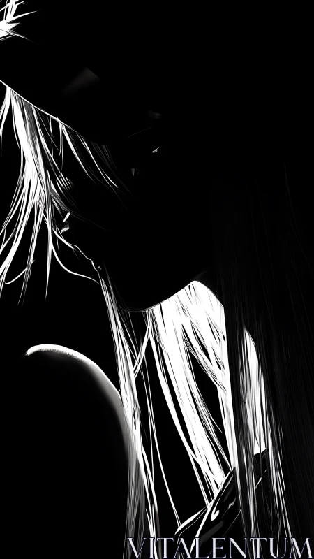 Silhouetted profile with high contrast linear highlights.