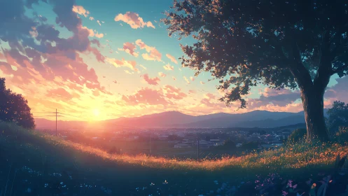 Sunlit rural valley under luminous anime sunset sky.