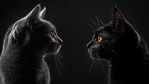 Two Black Cats with Golden Eyes Meet in Darkness