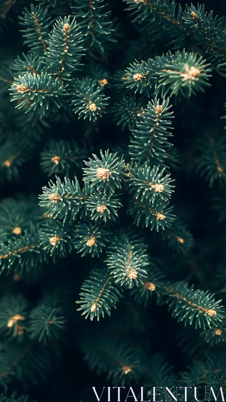 Evergreen conifer needles form dense, radially arranged clusters