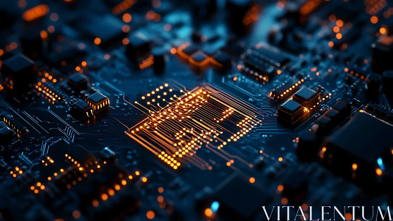 Cyberpunk PCB microchip core with neon circuitry glow design.