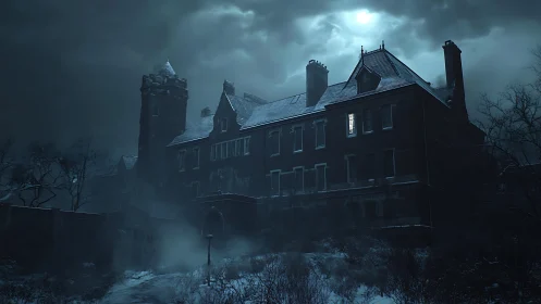 Moonlit Victorian asylum facade with single illuminated window