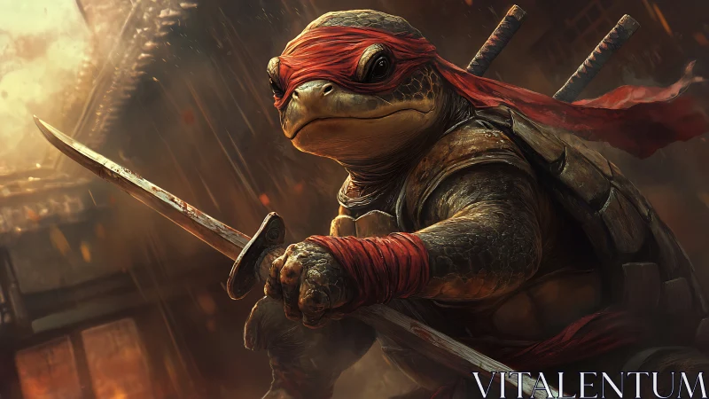 Battle ready turtle warrior with red bandana and swords.