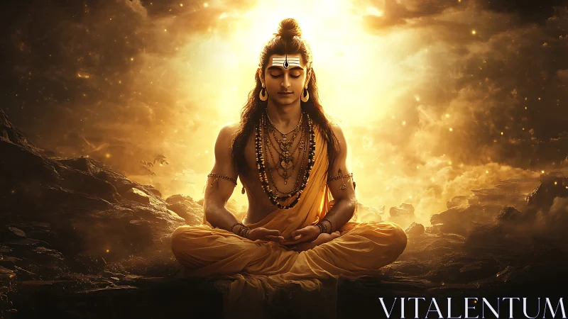 Divine yogi in luminous meditation over celestial landscape.