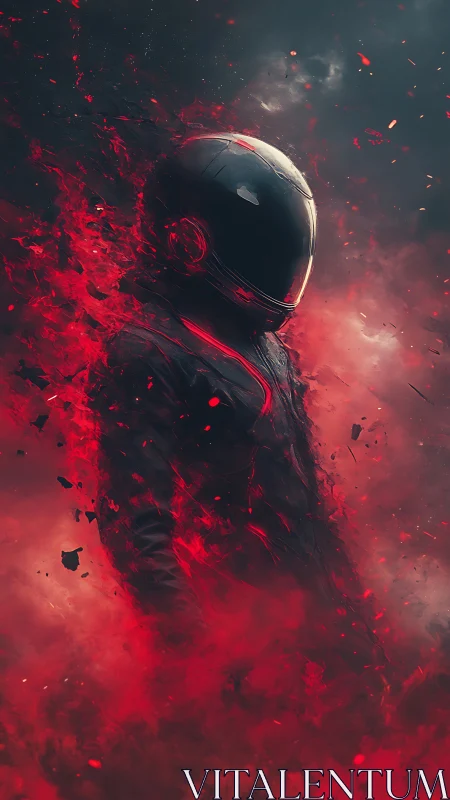 Fiery space explorer strides through swirling cosmic embers