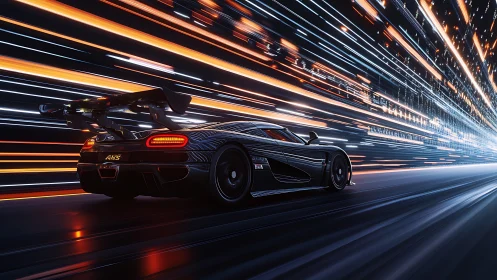 Midnight hypercar stitches neon speed trails through data skies
