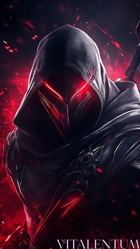 Shadowed cyber assassin glows with intense crimson power