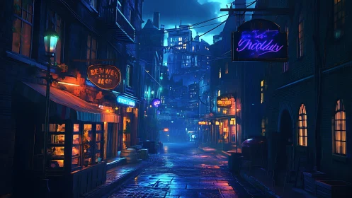 Neon lit rainy alleyway with city skyline in deep blue night