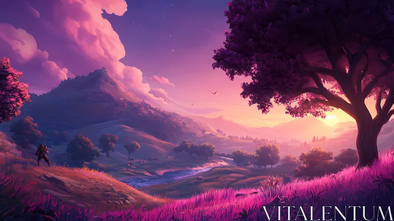 Fantasy valley landscape shows lone figure at vivid sunset