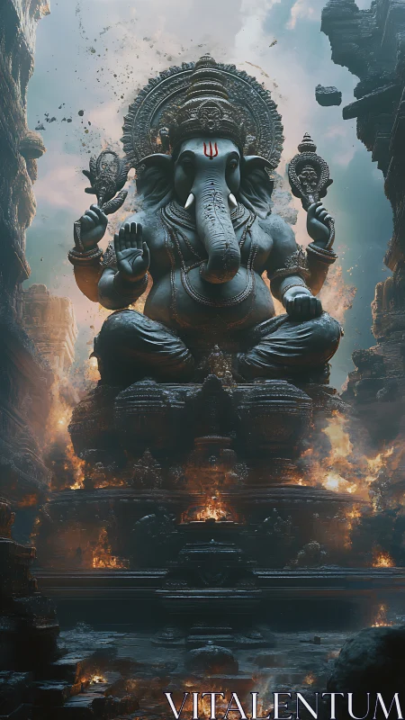 Majestic Ganesha statue rises amid fire and crumbling ruins.