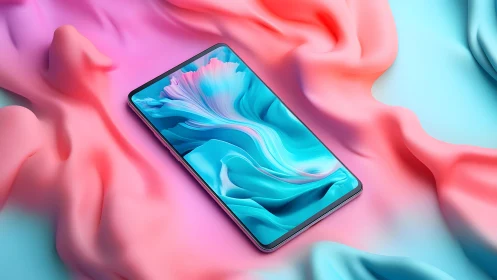 Sleek smartphone on pastel silk with abstract digital art display.