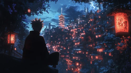 Lone ninja overlooking lantern city under blue night sky.