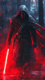 Hooded armored figure walks through red-lit forest scene