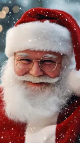 Smiling Santa Claus portrait in falling snow is centered