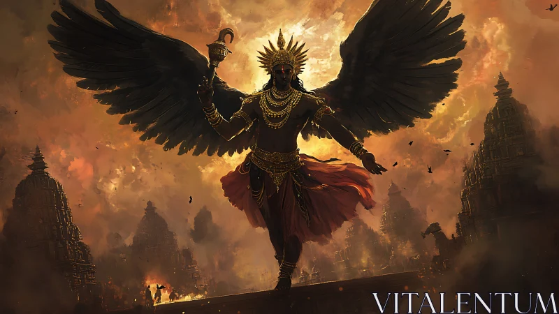 Winged dusk god strides above burning temple spires.