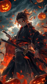 Halloween katana prodigy ignites a storm of ember leaves.