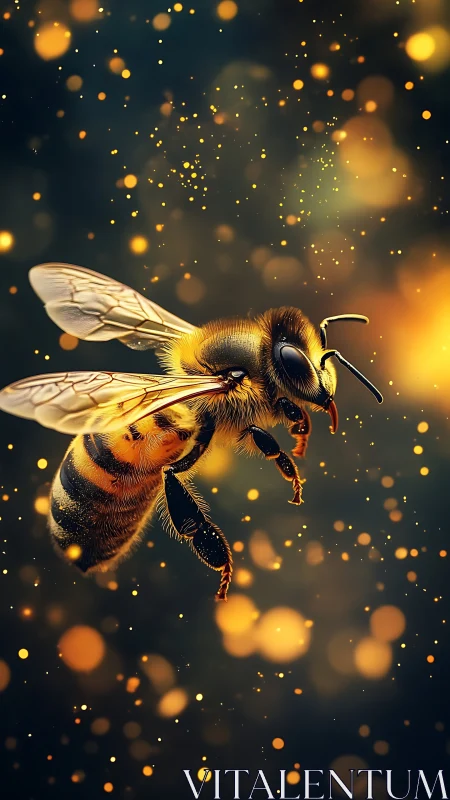 Honeybee glows in drifting golden bokeh and twilight haze.