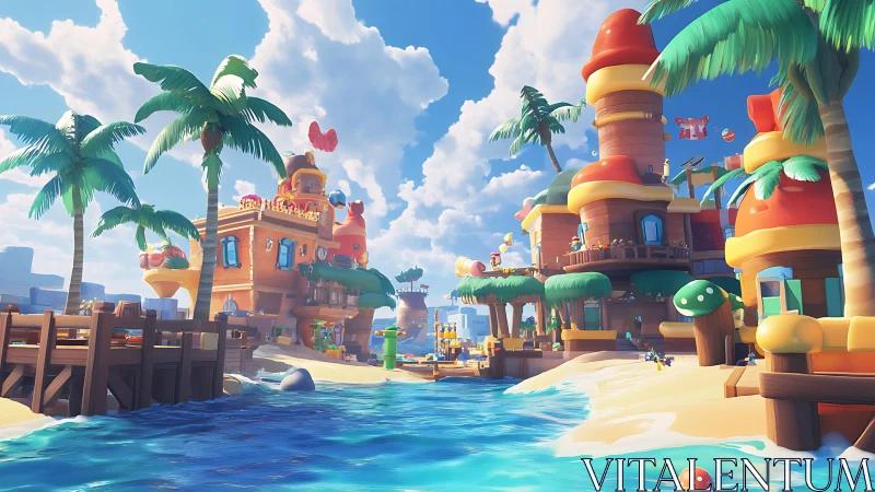 Colorful Beach Theme Park with Tropical Structures.