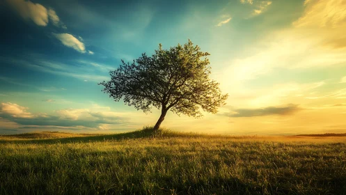Lone tree on grassy hill at sunset, serene landscape photograph.
