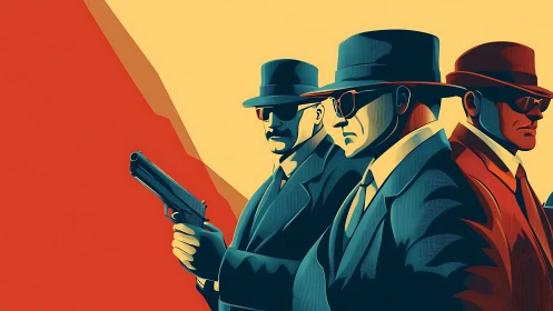 Retro stylized gunmen in suits and hats against bold backdrop.